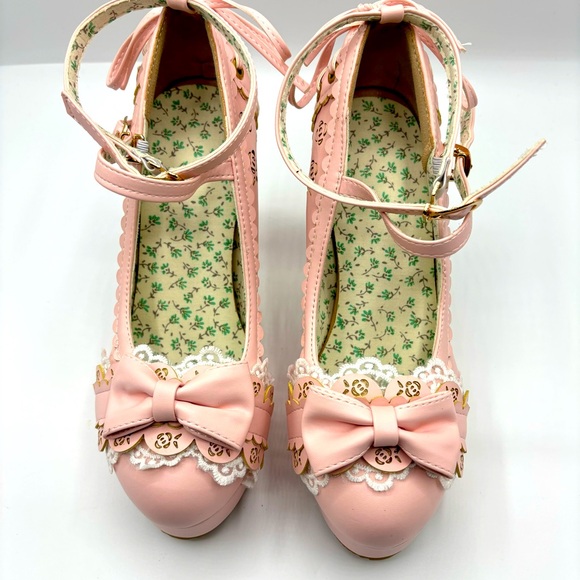 Bow Lace Princess Lolita Shoes Womens Chunky High Heels Ankle Strap Pumps Size 8 - Picture 8 of 12